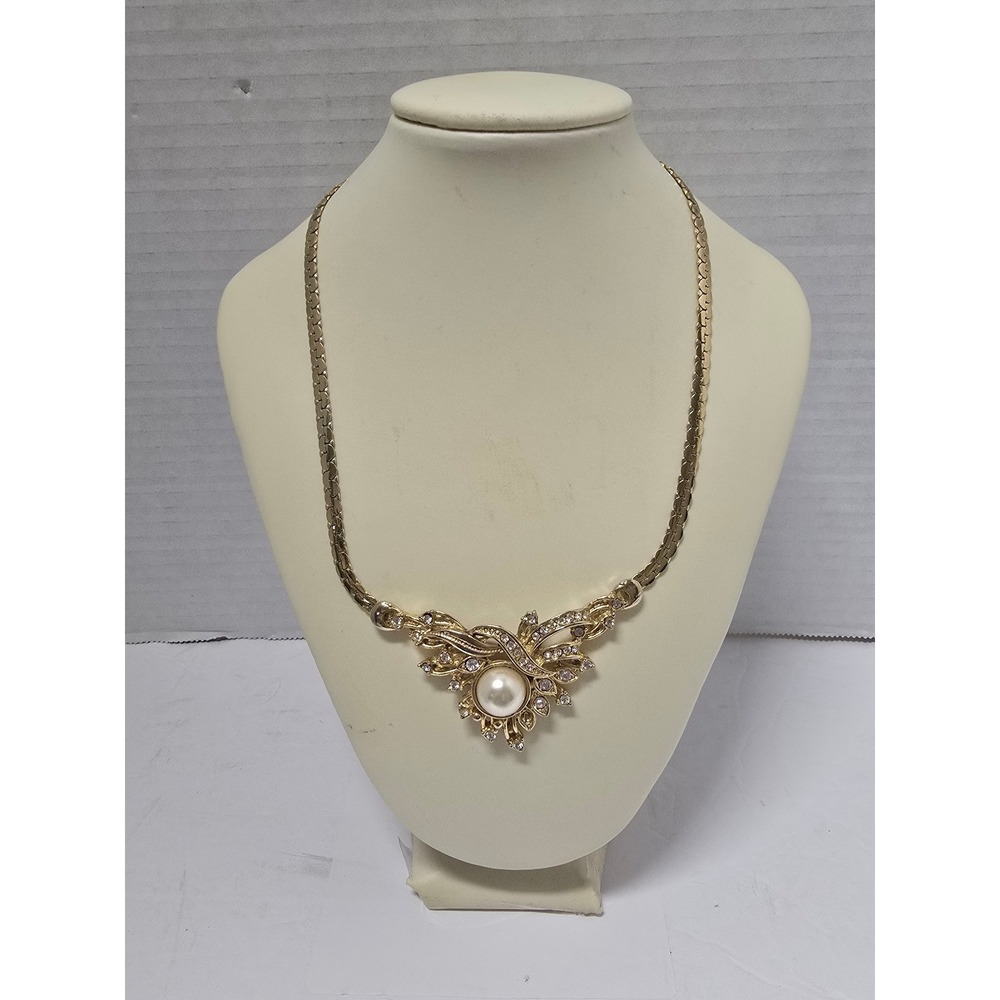 Vintage Roman Goldtone Faux Pearl Rhinestone Floral Bow Drop Statement Necklace